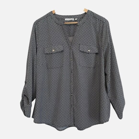 Women's 2X Black White Pattern Work Casual Button Roll Tab PLUS Soft Blouse - Picture 1 of 4